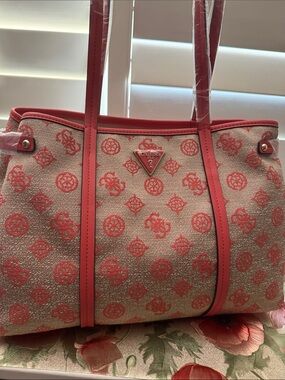 GUESS Coral Logo Print Tote Bag